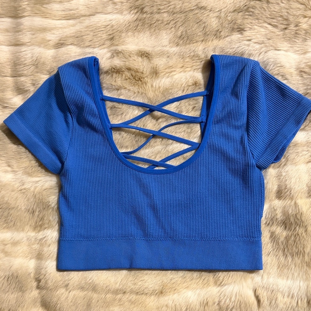 aerie Ribbed Cross-Back Crop Top in Cobalt
